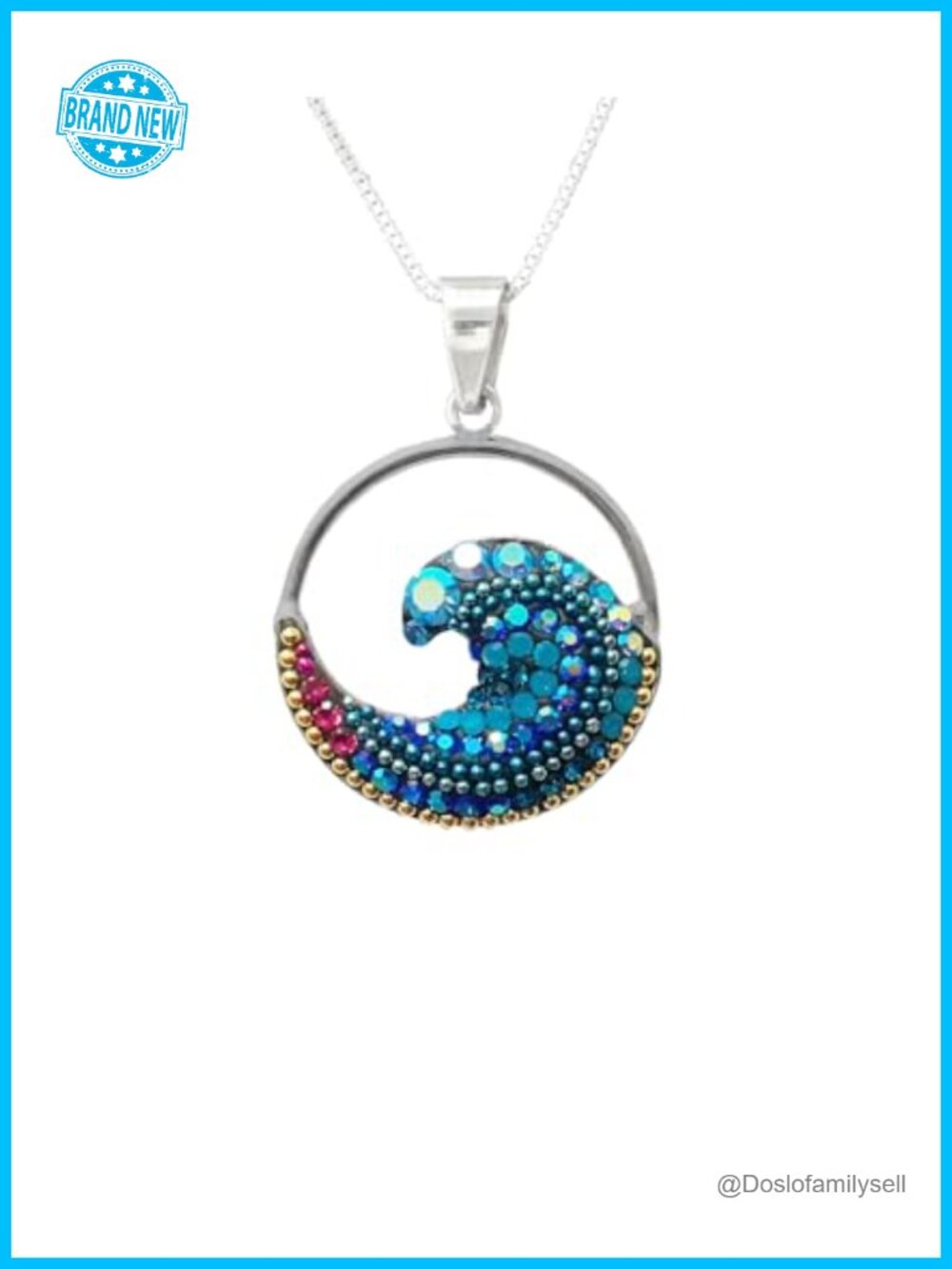 Handcrafted 925 Sterling Silver Wave Pendant Necklace with Austrian Crystals